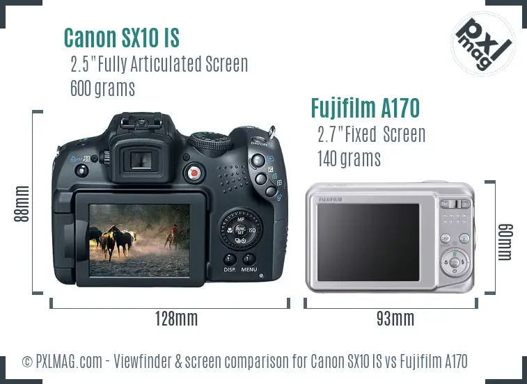 Canon SX10 IS vs Fujifilm A170 Screen and Viewfinder comparison