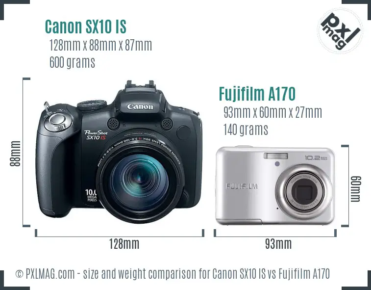 Canon SX10 IS vs Fujifilm A170 size comparison