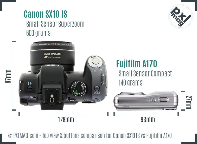 Canon SX10 IS vs Fujifilm A170 top view buttons comparison