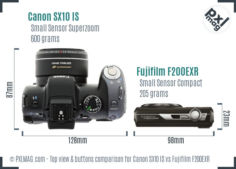 Canon SX10 IS vs Fujifilm F200EXR top view buttons comparison