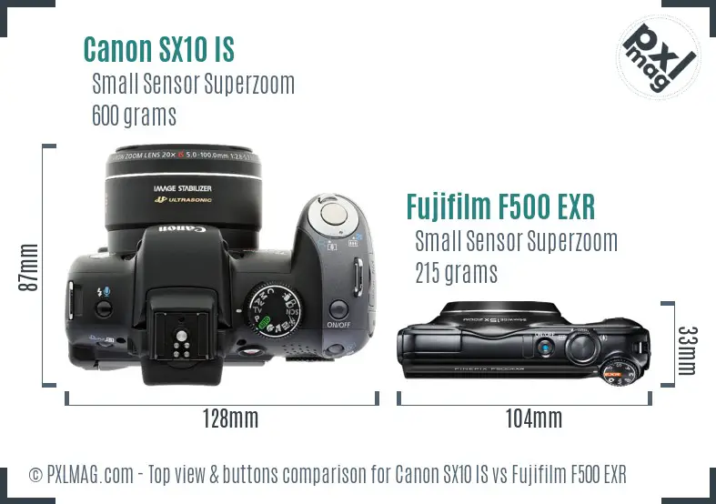 Canon SX10 IS vs Fujifilm F500 EXR top view buttons comparison