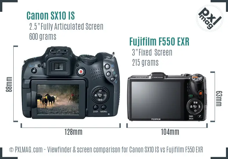 Canon SX10 IS vs Fujifilm F550 EXR Screen and Viewfinder comparison