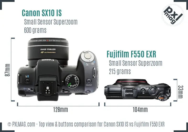 Canon SX10 IS vs Fujifilm F550 EXR top view buttons comparison