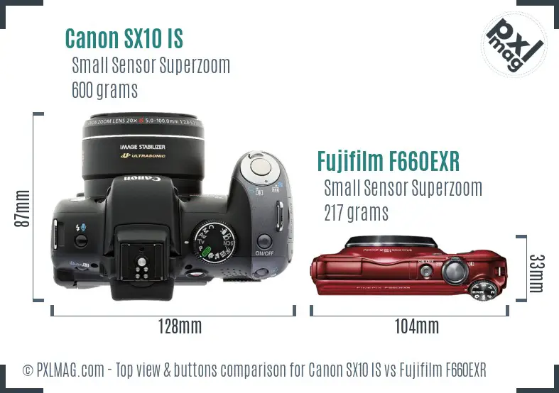 Canon SX10 IS vs Fujifilm F660EXR top view buttons comparison