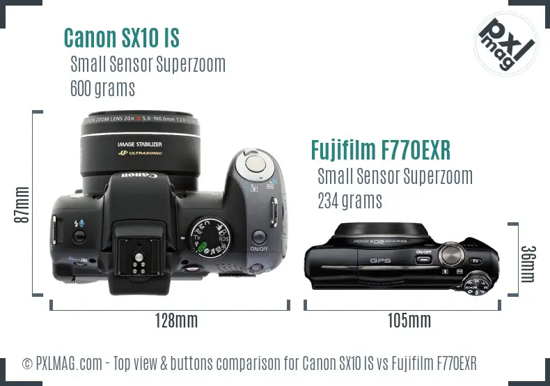 Canon SX10 IS vs Fujifilm F770EXR top view buttons comparison Canon SX10 IS vs Fujifilm F770EXR top view buttons comparison