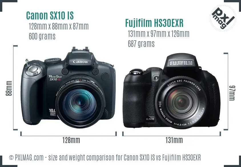 Canon SX10 IS vs Fujifilm HS30EXR size comparison Canon SX10 IS vs Fujifilm HS30EXR size comparison