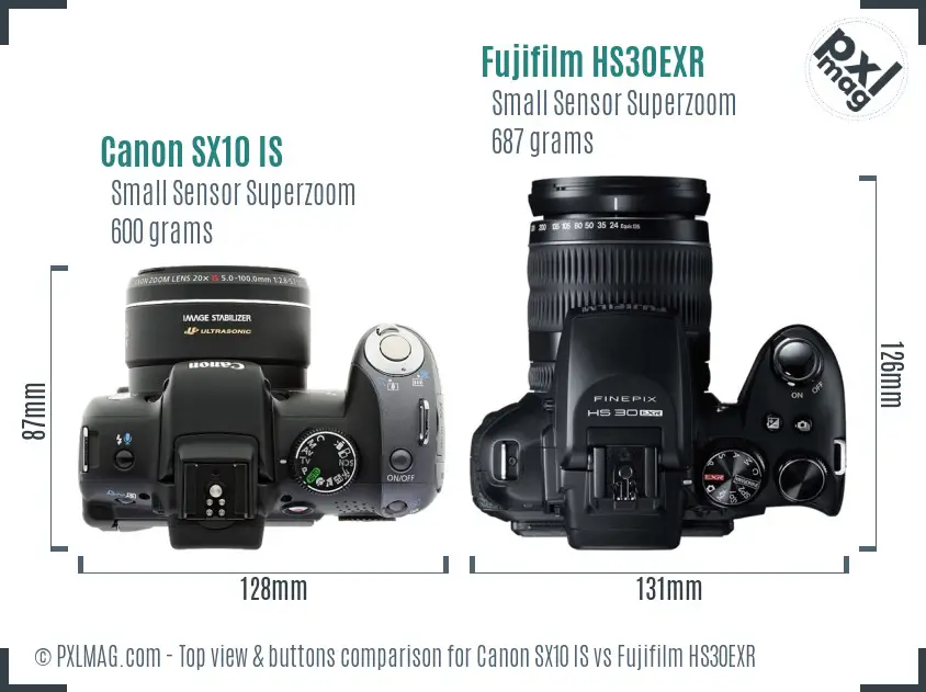 Canon SX10 IS vs Fujifilm HS30EXR top view buttons comparison Canon SX10 IS vs Fujifilm HS30EXR top view buttons comparison