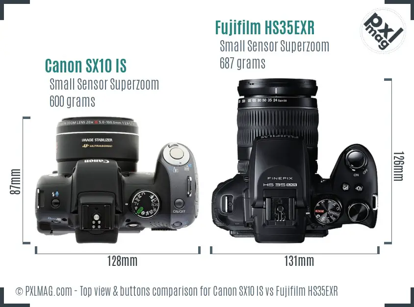 Canon SX10 IS vs Fujifilm HS35EXR top view buttons comparison