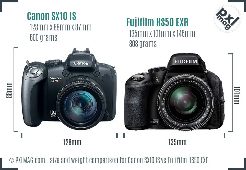 Canon SX10 IS vs Fujifilm HS50 EXR size comparison