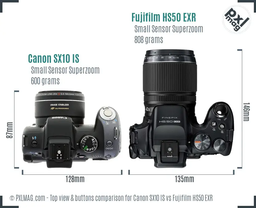 Canon SX10 IS vs Fujifilm HS50 EXR top view buttons comparison