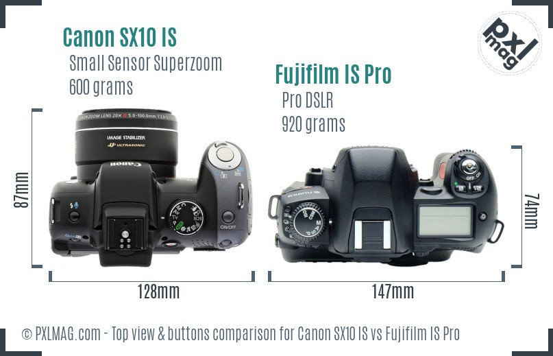 Canon SX10 IS vs Fujifilm IS Pro top view buttons comparison