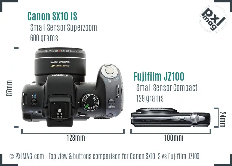 Canon SX10 IS vs Fujifilm JZ100 top view buttons comparison