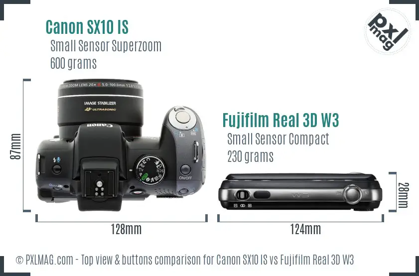 Canon SX10 IS vs Fujifilm Real 3D W3 top view buttons comparison Canon SX10 IS vs Fujifilm Real 3D W3 top view buttons comparison