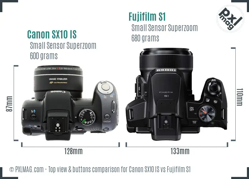 Canon SX10 IS vs Fujifilm S1 top view buttons comparison