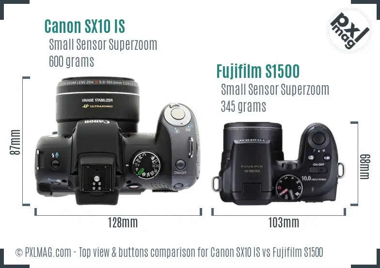 Canon SX10 IS vs Fujifilm S1500 top view buttons comparison