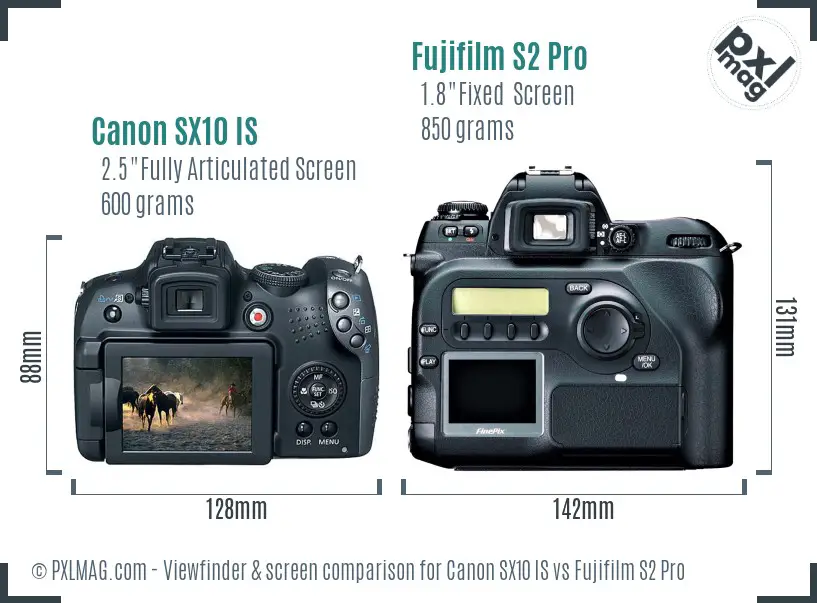 Canon SX10 IS vs Fujifilm S2 Pro Screen and Viewfinder comparison