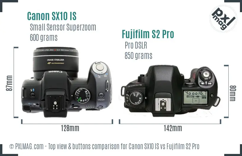 Canon SX10 IS vs Fujifilm S2 Pro top view buttons comparison