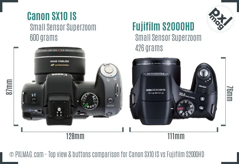 Canon SX10 IS vs Fujifilm S2000HD top view buttons comparison