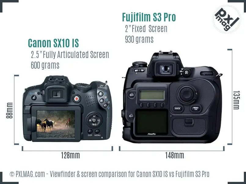 Canon SX10 IS vs Fujifilm S3 Pro Screen and Viewfinder comparison