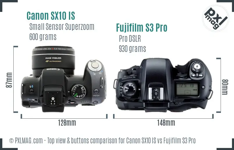 Canon SX10 IS vs Fujifilm S3 Pro top view buttons comparison