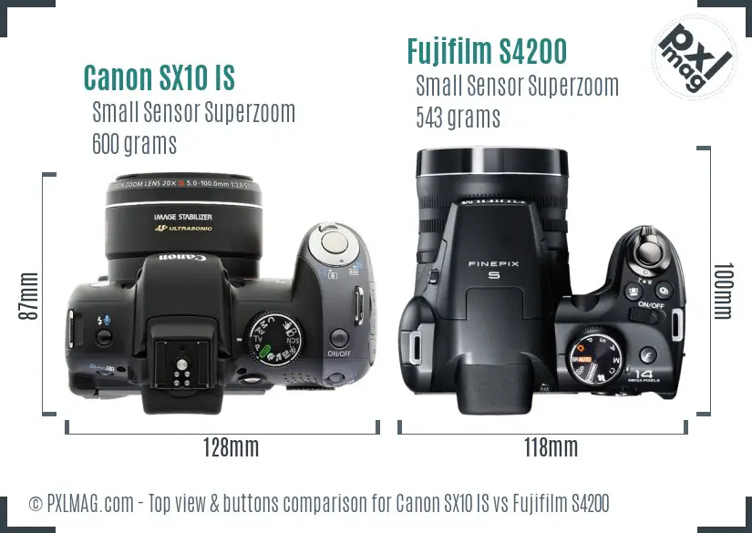 Canon SX10 IS vs Fujifilm S4200 top view buttons comparison