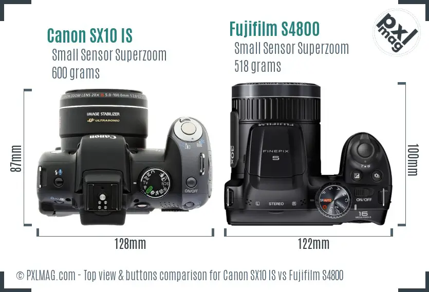 Canon SX10 IS vs Fujifilm S4800 top view buttons comparison