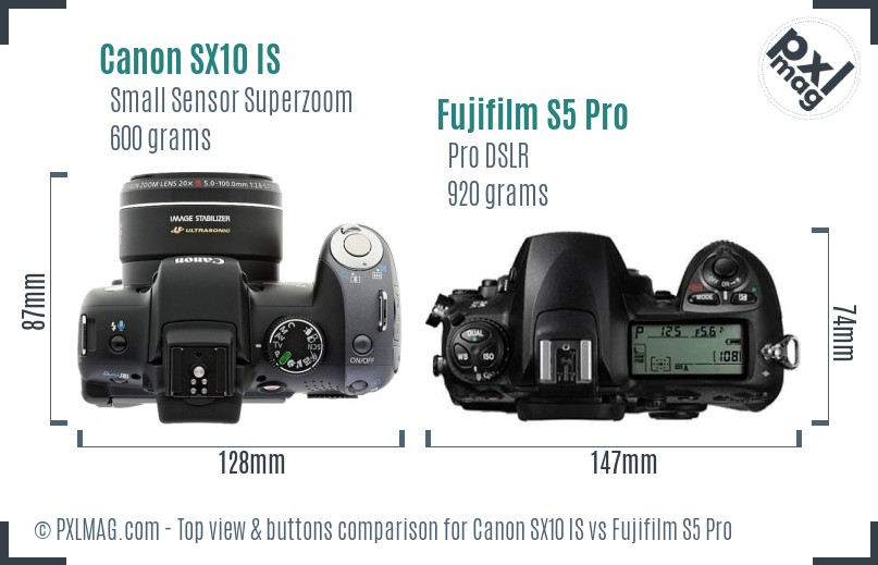 Canon SX10 IS vs Fujifilm S5 Pro top view buttons comparison