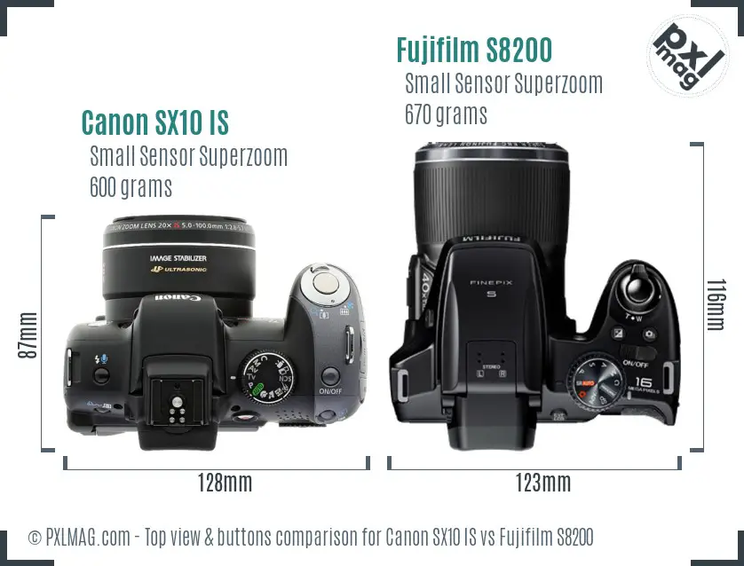 Canon SX10 IS vs Fujifilm S8200 top view buttons comparison