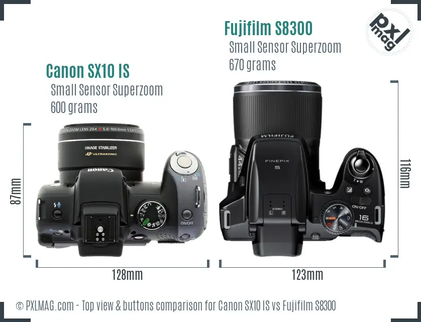 Canon SX10 IS vs Fujifilm S8300 top view buttons comparison Canon SX10 IS vs Fujifilm S8300 top view buttons comparison