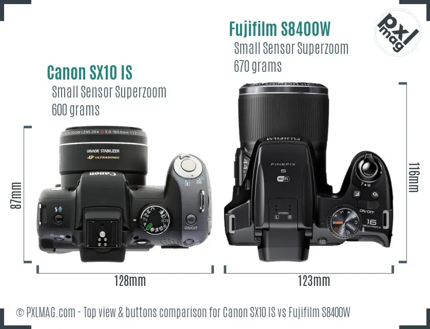 Canon SX10 IS vs Fujifilm S8400W top view buttons comparison