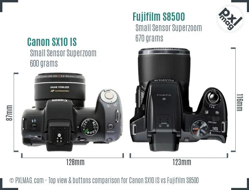 Canon SX10 IS vs Fujifilm S8500 top view buttons comparison Canon SX10 IS vs Fujifilm S8500 top view buttons comparison