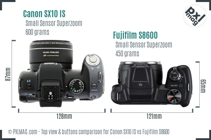 Canon SX10 IS vs Fujifilm S8600 top view buttons comparison