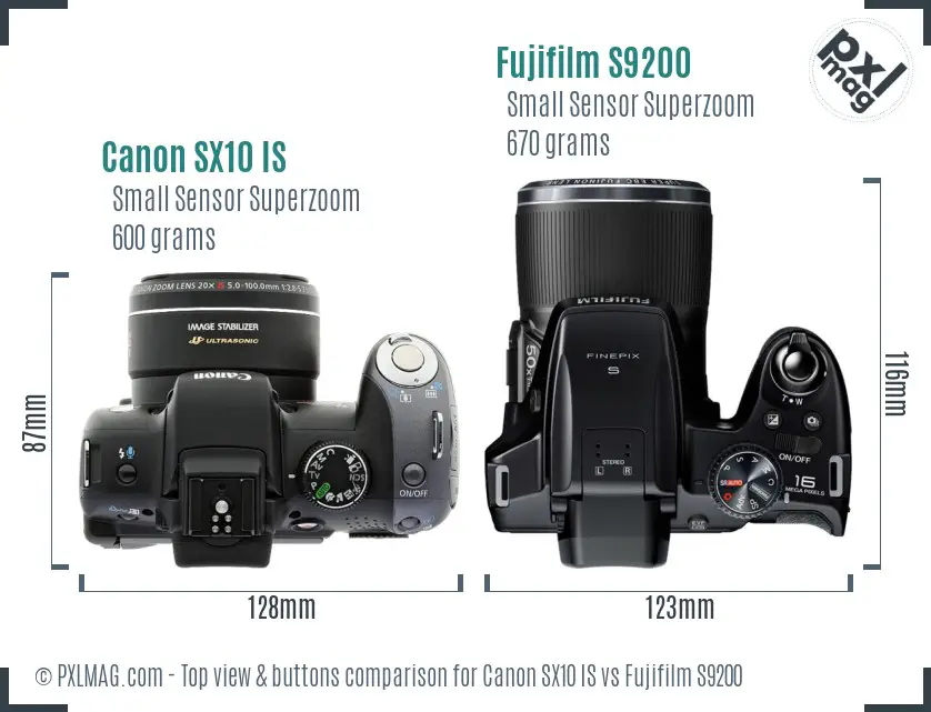 Canon SX10 IS vs Fujifilm S9200 top view buttons comparison