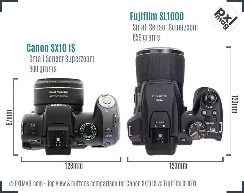 Canon SX10 IS vs Fujifilm SL1000 top view buttons comparison