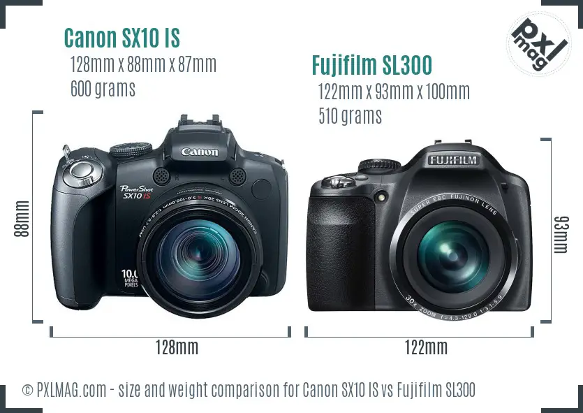 Canon SX10 IS vs Fujifilm SL300 size comparison