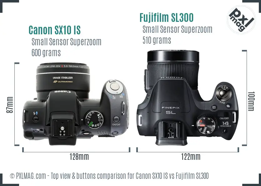 Canon SX10 IS vs Fujifilm SL300 top view buttons comparison