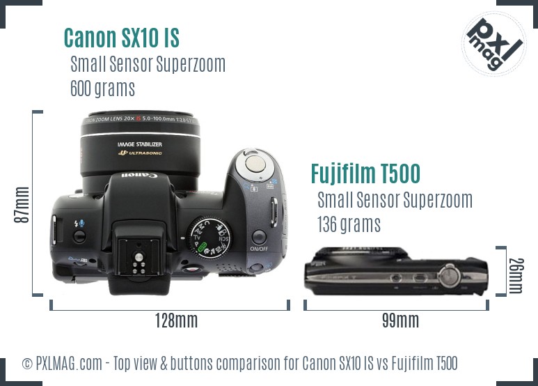Canon SX10 IS vs Fujifilm T500 top view buttons comparison