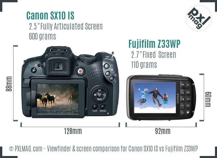 Canon SX10 IS vs Fujifilm Z33WP Screen and Viewfinder comparison