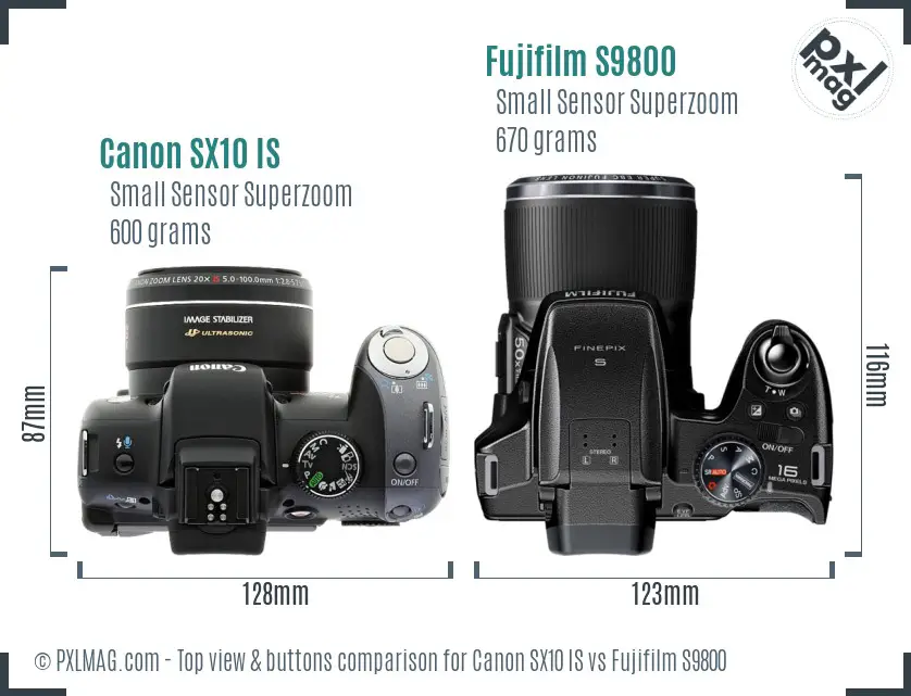 Canon SX10 IS vs Fujifilm S9800 top view buttons comparison