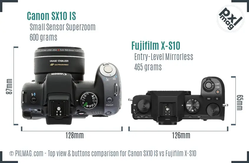 Canon SX10 IS vs Fujifilm X-S10 top view buttons comparison Canon SX10 IS vs Fujifilm X-S10 top view buttons comparison