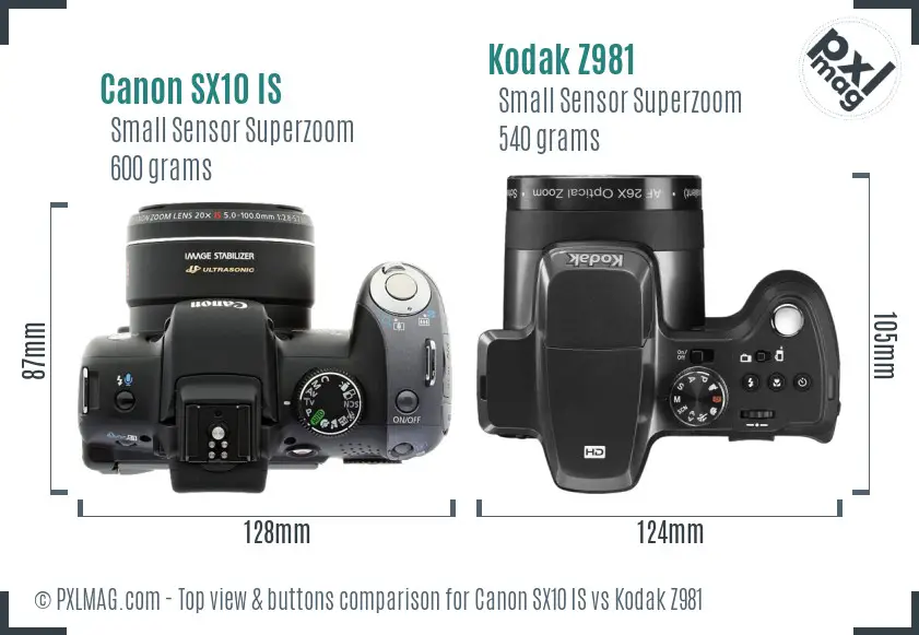 Canon SX10 IS vs Kodak Z981 top view buttons comparison