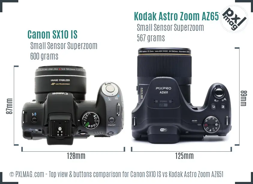 Canon SX10 IS vs Kodak Astro Zoom AZ651 top view buttons comparison Canon SX10 IS vs Kodak Astro Zoom AZ651 top view buttons comparison