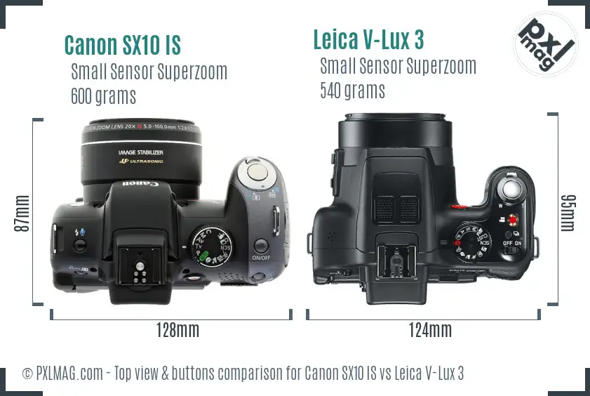 Canon SX10 IS vs Leica V-Lux 3 top view buttons comparison