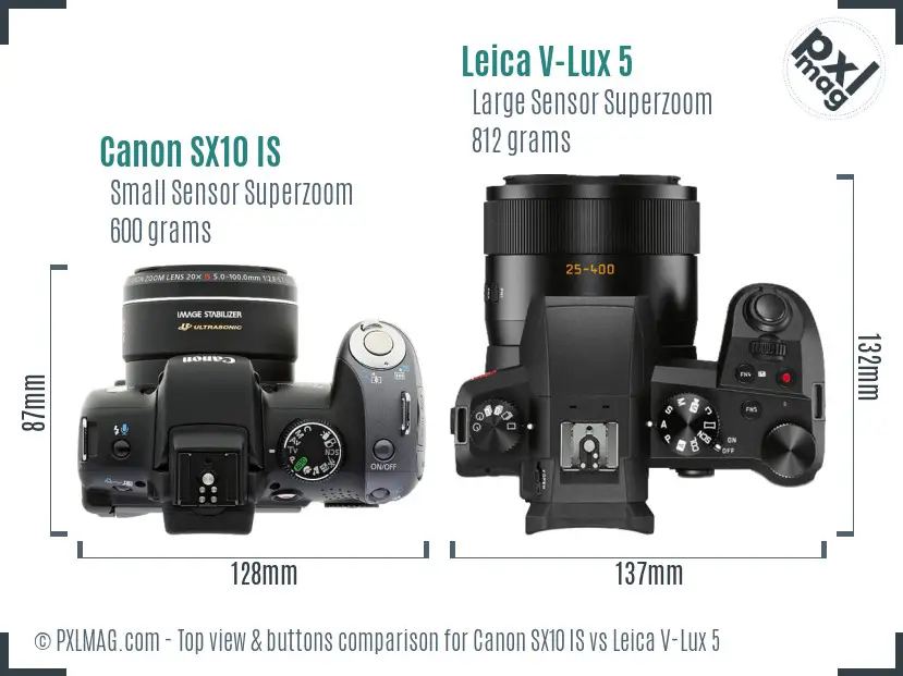 Canon SX10 IS vs Leica V-Lux 5 top view buttons comparison