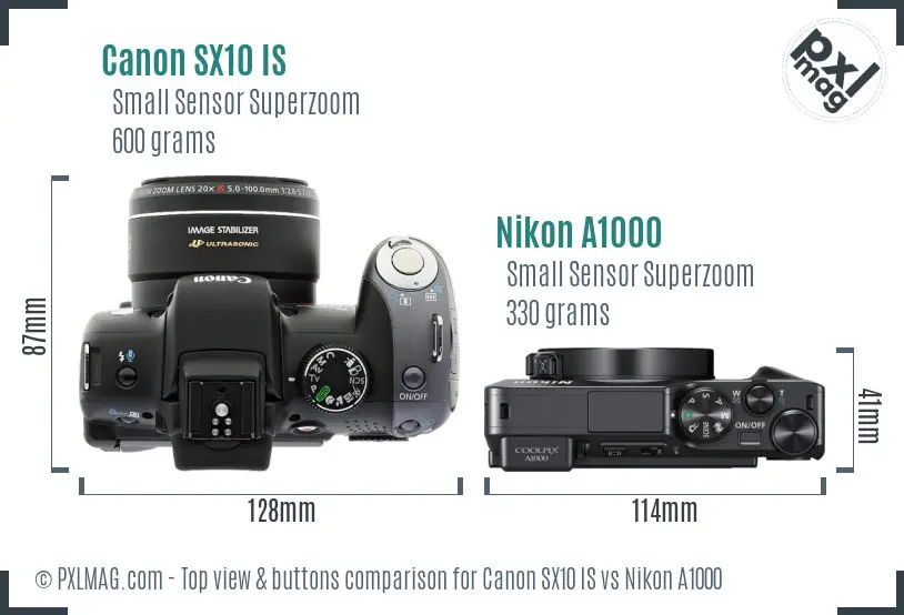 Canon SX10 IS vs Nikon A1000 top view buttons comparison