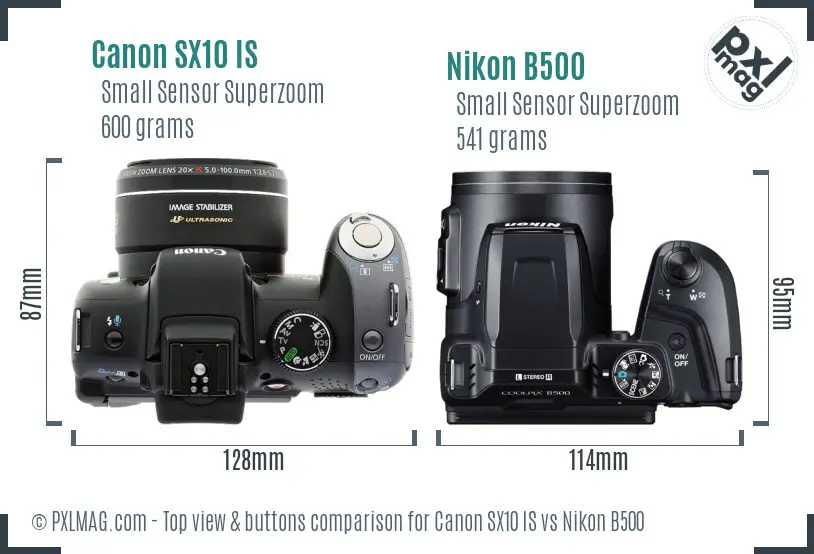 Canon SX10 IS vs Nikon B500 top view buttons comparison