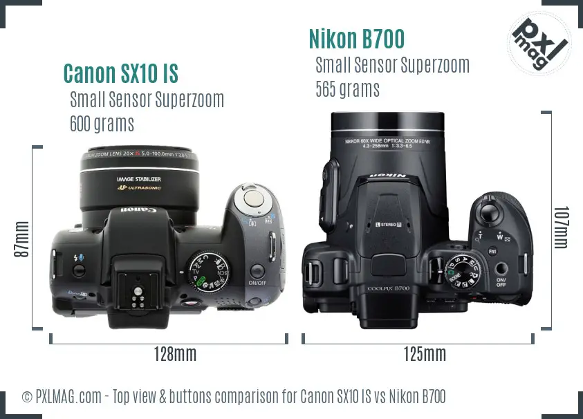 Canon SX10 IS vs Nikon B700 top view buttons comparison