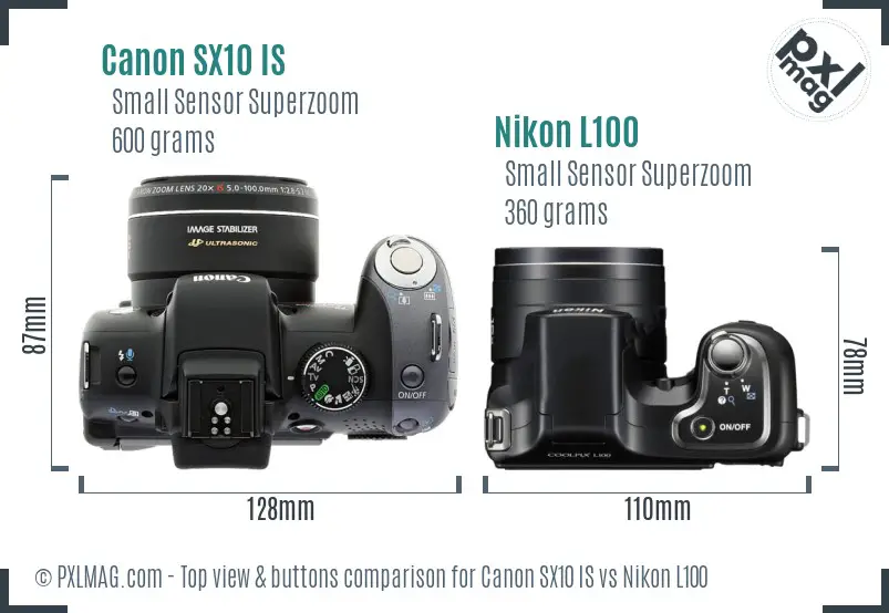 Canon SX10 IS vs Nikon L100 top view buttons comparison