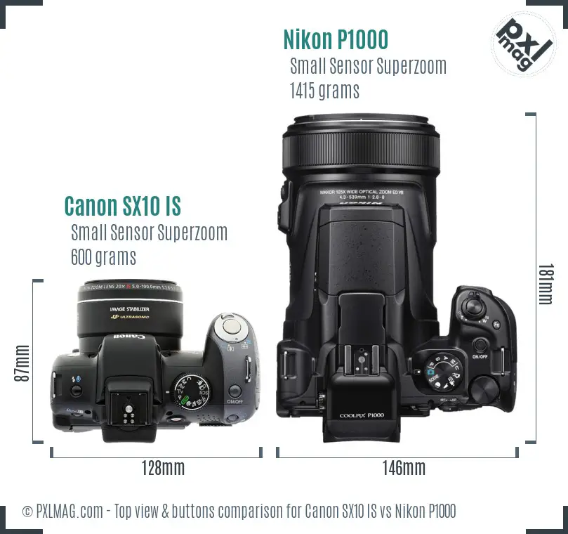 Canon SX10 IS vs Nikon P1000 top view buttons comparison
