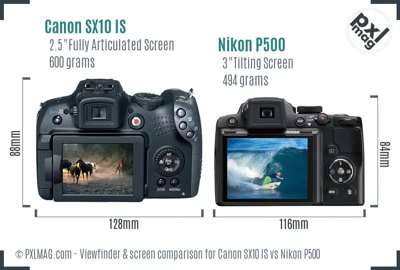 Canon SX10 IS vs Nikon P500 Screen and Viewfinder comparison